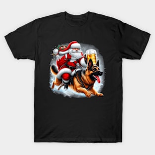 Santa Riding a German Shepherd T-Shirt - A Pawsitively Festive Sleigh Ride T-Shirt